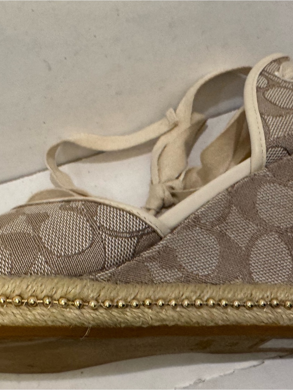 Coach Beige Canvas Logo Espadrille Sandals with Tie Ankle - Picture 13 of 14